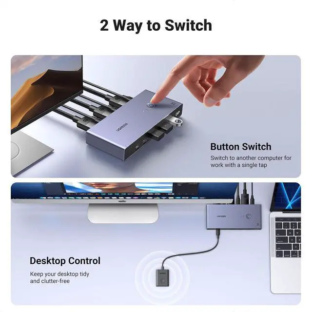 Alt view image 6 of 7 - 8K Displayport KVM Switch 2 in 1 Out DP1.4 with 4 USB 3.0 Ports(3 USB-A + 1 USB-C) Support 8K@60Hz 4K@240Hz Share 1 Monitor Keyboard Mouse U-Disk Printer, with 2 DP Cables, 2 USB A to C Cables