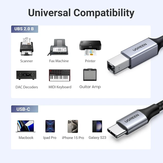 Alt view image 7 of 7 - Vszerda USB B to USB C 10 FT Printer Cable, Nylon USB B to C Cord for MacBook Pro/Air, MIDI Cable Compatible with Yamaha Piano Keyboard, DAC, DJ Controller for iPad