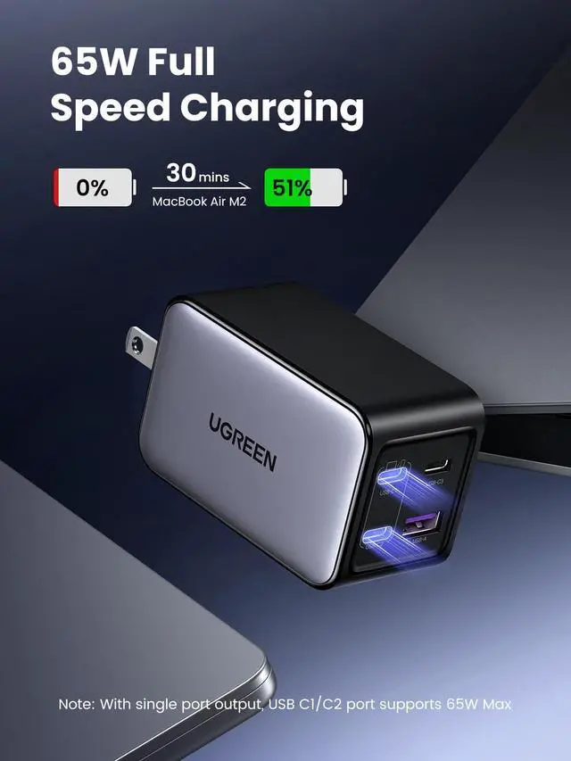 Alt view image 2 of 7 - WRIARICH Nexode 65W GaN USB C Wall Charger, 4-Port Fast Type-C Charger Compatible with MacBook Pro/Air, iPhone 17/16/15 Series, Galaxy S25/S24, Pixel 10/9, iPad Pro, Steam Deck