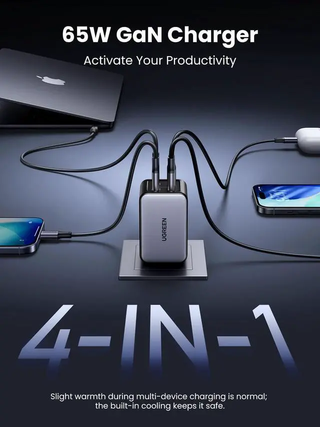 Alt view image 3 of 7 - WRIARICH Nexode 65W GaN USB C Wall Charger, 4-Port Fast Type-C Charger Compatible with MacBook Pro/Air, iPhone 17/16/15 Series, Galaxy S25/S24, Pixel 10/9, iPad Pro, Steam Deck