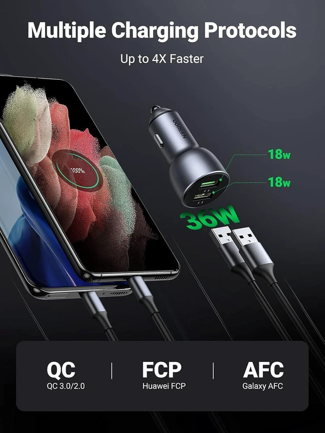 Alt view image 3 of 7 - Vszerda USB Car Charger 36W Fast Charge - QC 3.0 Car Charger Adapter Alloy Body Compatible with iPhone 13/13 Mini/12Pro Max/SE/XR/X/XS/11, iPad 9, Samsung Galaxy S21/S20/S10+/Note 20 (Cable Included)