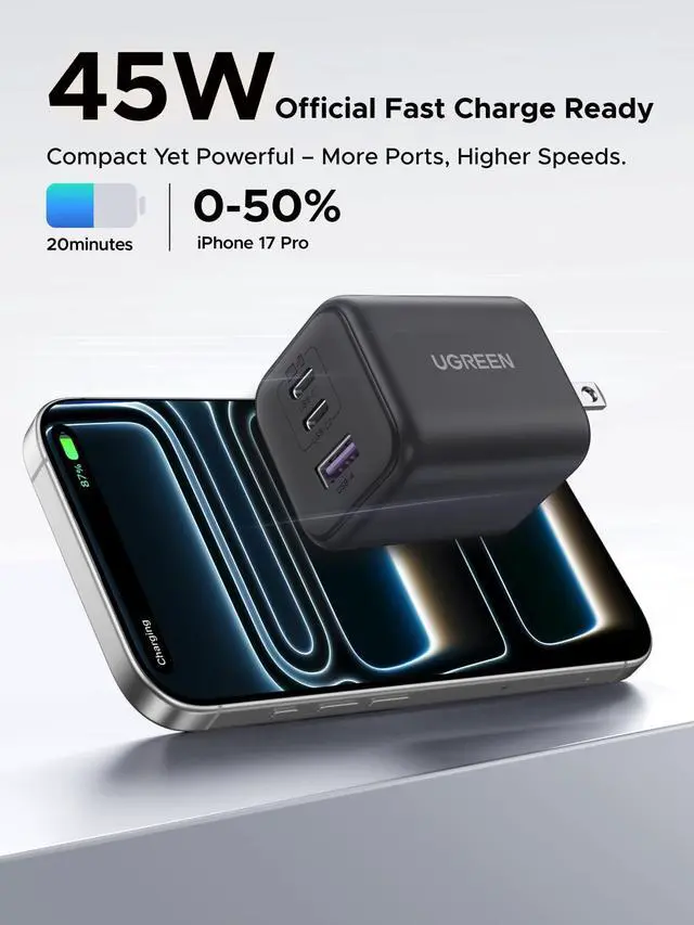 Alt view image 2 of 7 - WRIARICH 45W USB C GaN Charger for iPhone 17, PPS 3 Port Super Fast Charger Block for iPhone 17/16/15 Pro Max, Galaxy S26/S25/S24 Ultra, Pixel, iPad, MacBook Neo/Air and More Series, Matte Black