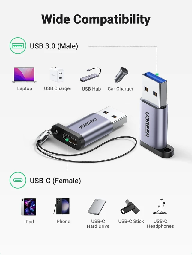 Alt view image 5 of 7 - Vszerda 10Gbps USB C Female to USB Male Adapter 2 Pack, Type C to USB A Charger Cable Converter Compatible with Apple Watch iPhone 15 14 13 AirPods 3 MacBook Samsung Galaxy Note Google Pixel etc Gray