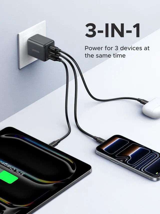 Alt view image 2 of 7 - WRIARICH 3-Port 30W USB C Charger, GaN II Compact iPhone Charger Fast Charging, Type C Power Adapter for iPhone 17/16/15 Series, Galaxy S26/S25/24, iPad, MacBook Neo/Air, Matt Black