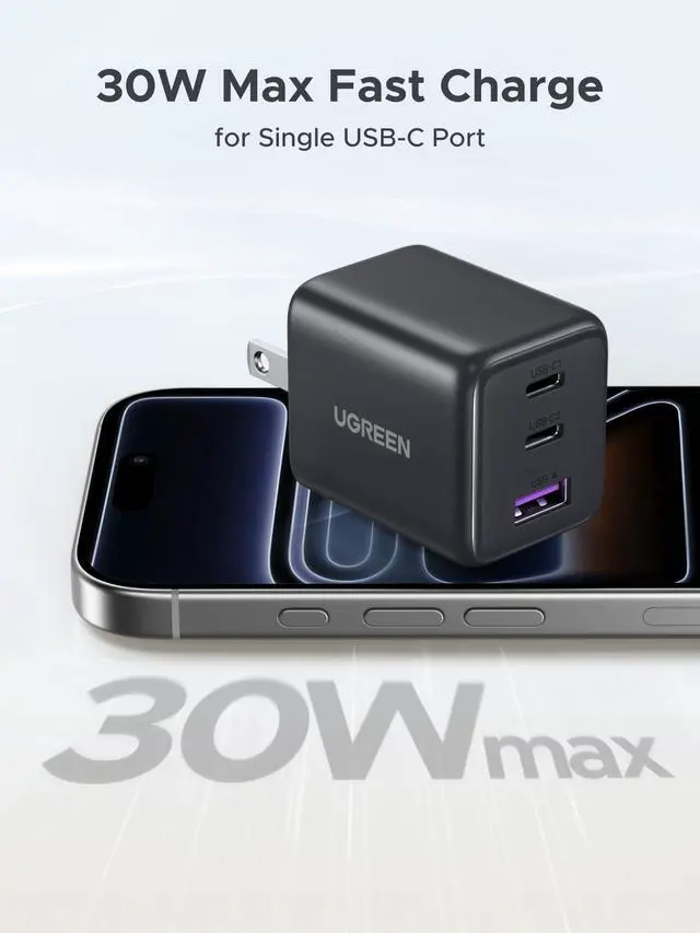 Alt view image 3 of 7 - WRIARICH 3-Port 30W USB C Charger, GaN II Compact iPhone Charger Fast Charging, Type C Power Adapter for iPhone 17/16/15 Series, Galaxy S26/S25/24, iPad, MacBook Neo/Air, Matt Black