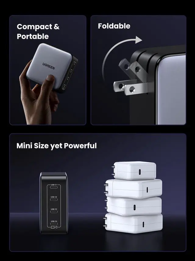 Alt view image 6 of 7 - WRIARICH Nexode 100W GaN USB C Wall Charger, 4-Port Type-C Fast Charger Compatible with MacBook Pro/Air, Dell XPS, iPhone 17/16/15 Series, Galaxy S25/S24, Pixel 10/9, iPad Air, Steam Deck