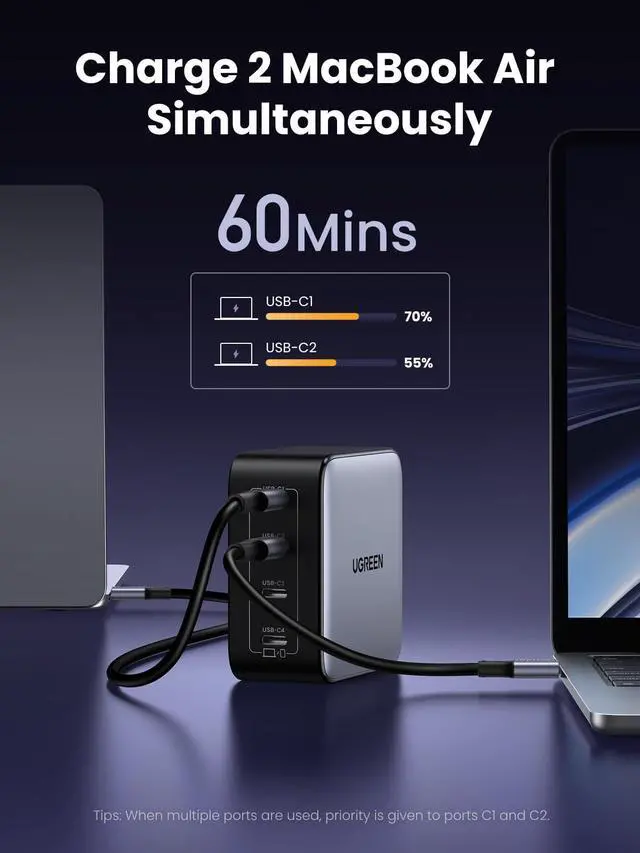 Alt view image 7 of 7 - WRIARICH Nexode 100W GaN USB C Wall Charger, 4-Port Type-C Fast Charger Compatible with MacBook Pro/Air, Dell XPS, iPhone 17/16/15 Series, Galaxy S25/S24, Pixel 10/9, iPad Air, Steam Deck