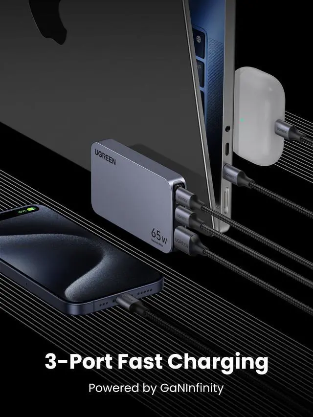 Alt view image 3 of 7 - WRIARICH Nexode Pro 65W GaN USB C Slim Wall Charger, 3-Port Compact Fast PPS Charger for iPhone 17/16/15 Series, MacBook Air, iPad Pro, Galaxy S25/S24, Pixel 10/9, Steam Deck