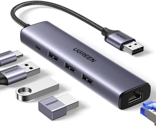 Main image of USB to Ethernet Adapter, 5 in 1 USB Hub with Ethernet, Plug and Play, Multiport Network Adapter with 3 USB 3.0 Port, Gigabit RJ45, USB-C Power Port Compatible for Laptop MacBook XPS Windows 11