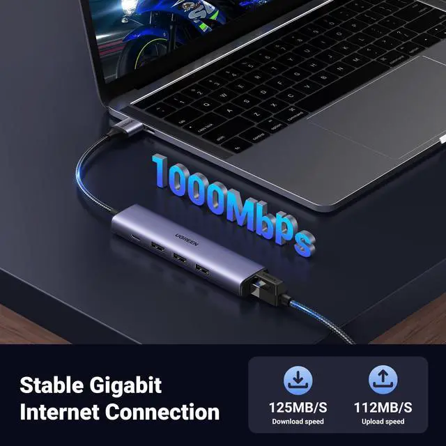 Alt view image 3 of 7 - USB to Ethernet Adapter, 5 in 1 USB Hub with Ethernet, Plug and Play, Multiport Network Adapter with 3 USB 3.0 Port, Gigabit RJ45, USB-C Power Port Compatible for Laptop MacBook XPS Windows 11
