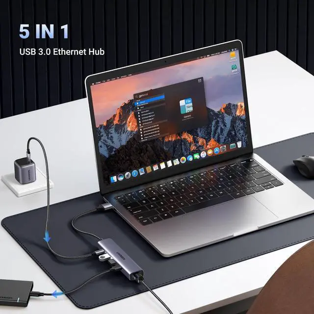 Alt view image 2 of 7 - USB to Ethernet Adapter, 5 in 1 USB Hub with Ethernet, Plug and Play, Multiport Network Adapter with 3 USB 3.0 Port, Gigabit RJ45, USB-C Power Port Compatible for Laptop MacBook XPS Windows 11