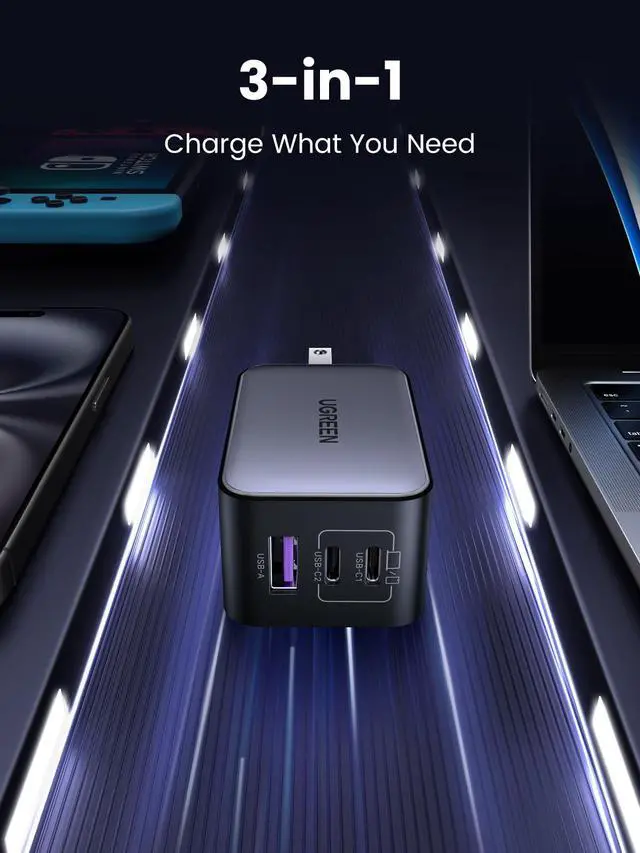 Alt view image 3 of 7 - WRIARICH Nexode 65W GaN USB C Wall Charger, 3-Port Compact Foldable Fast Charger Power Adapter for iPhone 17/16/15 Series, Galaxy S25/S24, Pixel 10/9, MacBook Pro/Air, Dell XPS, iPad Pro (Black)