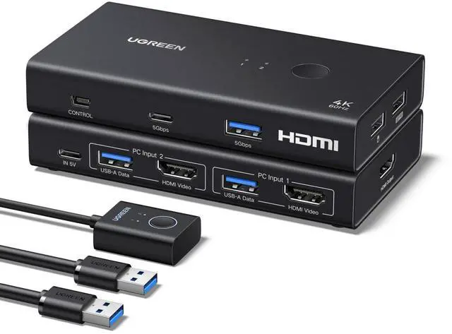 Main image of WRIARICH HDMI KVM Switch 1 Monitor 2 Computers, 4K@60Hz with 4 USB 3.0 Ports KVM Switches for 2 Computers Share One HDMI Monitor Keyboard Mouse Hard Drives Webcam with 2 USB Cables, Controller
