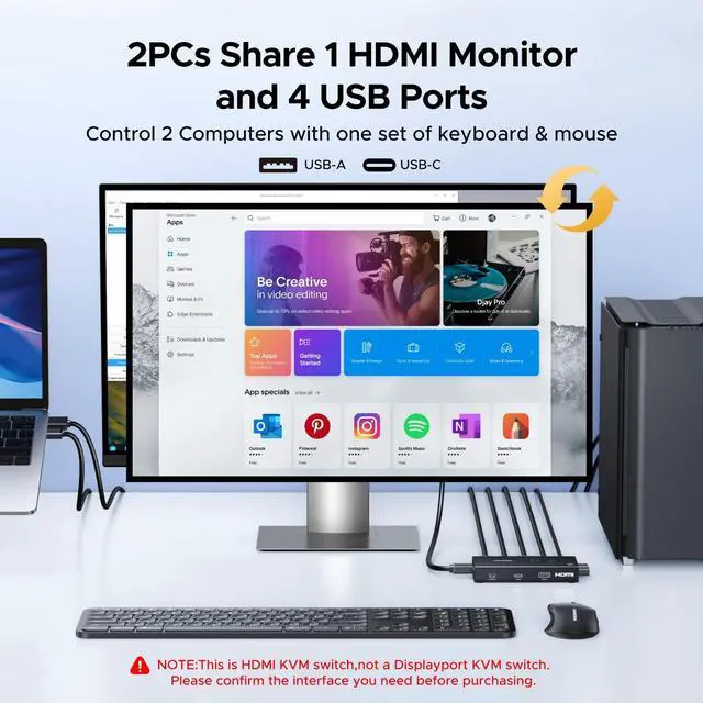 Alt view image 2 of 7 - WRIARICH HDMI KVM Switch 1 Monitor 2 Computers, 4K@60Hz with 4 USB 3.0 Ports KVM Switches for 2 Computers Share One HDMI Monitor Keyboard Mouse Hard Drives Webcam with 2 USB Cables, Controller