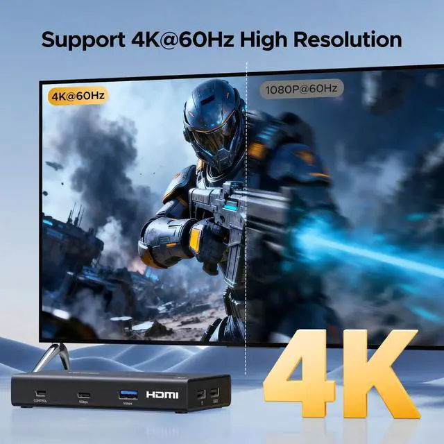 Alt view image 5 of 7 - WRIARICH HDMI KVM Switch 1 Monitor 2 Computers, 4K@60Hz with 4 USB 3.0 Ports KVM Switches for 2 Computers Share One HDMI Monitor Keyboard Mouse Hard Drives Webcam with 2 USB Cables, Controller