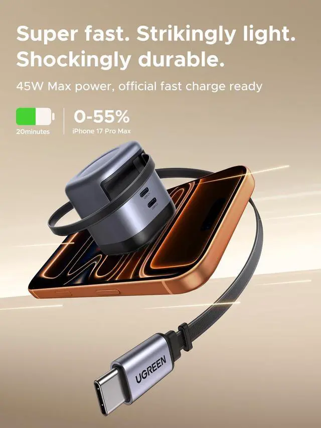 Alt view image 2 of 7 - WRIARICH Nexode Retractable 45W GaN Charger for iPhone 17, 3-Port USB C Fast Charger with 2.26ft Cable for iPhone 17/16/15/14/13 Series, Galaxy S26/S25/24 Ultra, Pixel, iPad, Space Grey