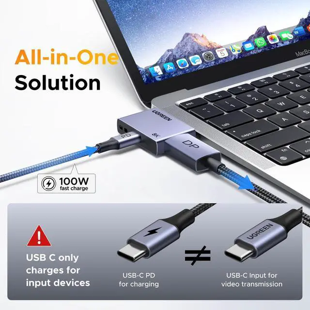 Alt view image 4 of 7 - WRIARICH 32.4Gbps USB C to DisplayPort 1.4 Adapter with PD 100W Fast Charging 8K@60Hz 4K@240Hz Thunderbolt 4/3 to DisplayPort Compatible with iPhone 17, MacBook Pro/Air/Mini, iPad, Galaxy, Steam Deck