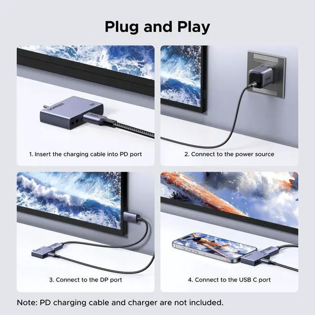 Alt view image 5 of 7 - WRIARICH 32.4Gbps USB C to DisplayPort 1.4 Adapter with PD 100W Fast Charging 8K@60Hz 4K@240Hz Thunderbolt 4/3 to DisplayPort Compatible with iPhone 17, MacBook Pro/Air/Mini, iPad, Galaxy, Steam Deck