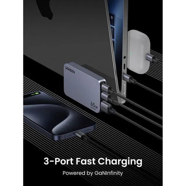 Alt view image 5 of 7 - WRIARICH Nexode Pro 65W 3-in-1 USB-C GaN Ultra-Slim Wall Charger, Black