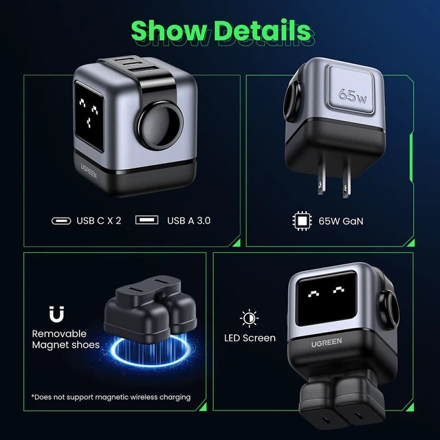 Alt view image 7 of 7 - Uno Robot 65W 3-in-1 USB-C PD GaN Charger Fast Charging Wall Power Adapter Multi-Device USB-C Charging Adapter with LED Screen and Thermal Guard For MacBook Air M2 Space Gray