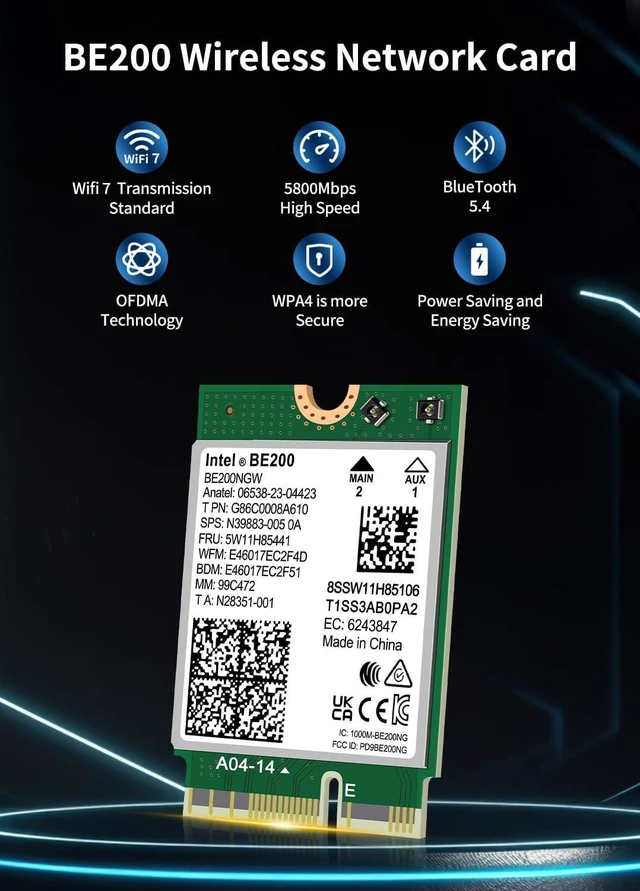 Alt view image 4 of 6 - Vszerda WiFi 7 Wireless Card Intel BE200 NGW, Bluetooth 5.4, 5800Mbps M.2/NGFF Network Support Windows 10/11 (64bit), Linux, Not Support AMD. Ideal for WiFi7/WiFi6E/WiFi6/WiFi5 Router and Wireless AP