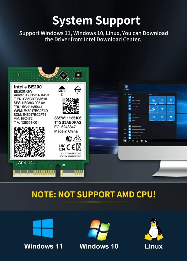 Alt view image 6 of 6 - Vszerda WiFi 7 Wireless Card Intel BE200 NGW, Bluetooth 5.4, 5800Mbps M.2/NGFF Network Support Windows 10/11 (64bit), Linux, Not Support AMD. Ideal for WiFi7/WiFi6E/WiFi6/WiFi5 Router and Wireless AP