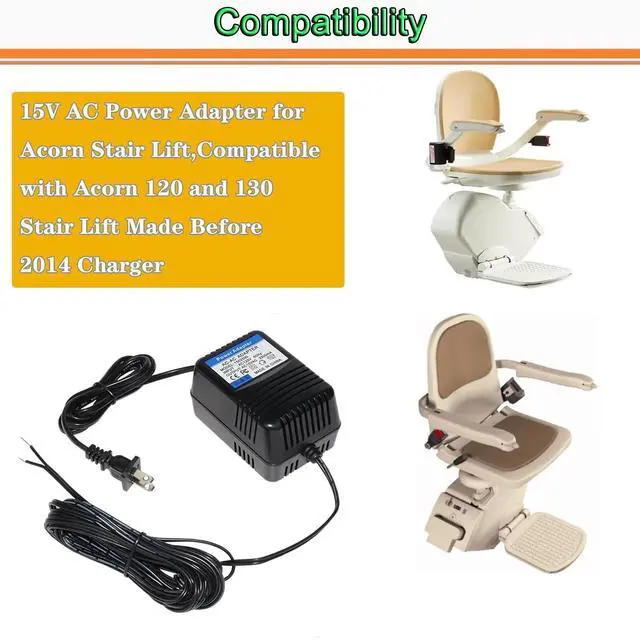 Alt view image 3 of 5 - WRIARICH HUZUM 15VAC Adapter for Acorn Stair LiftCompatible with Acorn 120, 130 Stair Lift B4 2014 PN: OWL1557 Lemac 2739-208 BattAngel BA57, SF57T-1502500AU Charger Transformer Power Supply