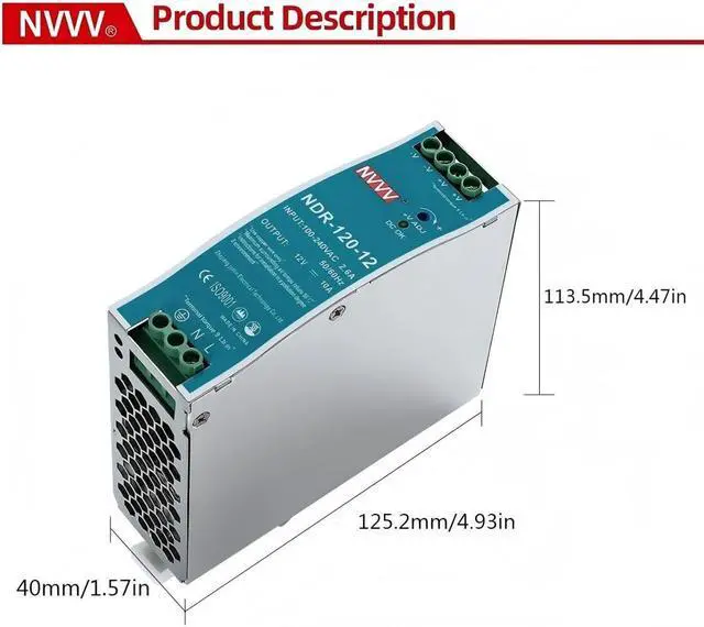 Alt view image 3 of 5 - WRIARICH 12Vdc 10Amp DIN-Rail Power Supply NDR 120W, Input:100-240VAC,Output:12VDC,Power Supply Switch Switching Converter DC