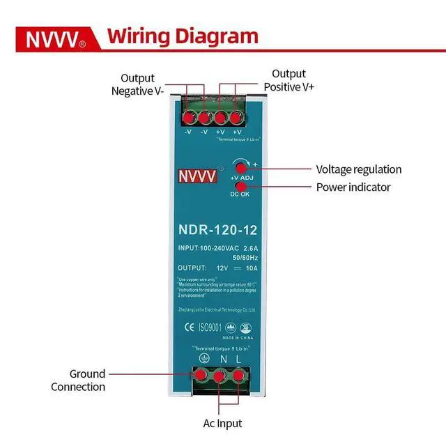 Alt view image 5 of 5 - WRIARICH 12Vdc 10Amp DIN-Rail Power Supply NDR 120W, Input:100-240VAC,Output:12VDC,Power Supply Switch Switching Converter DC