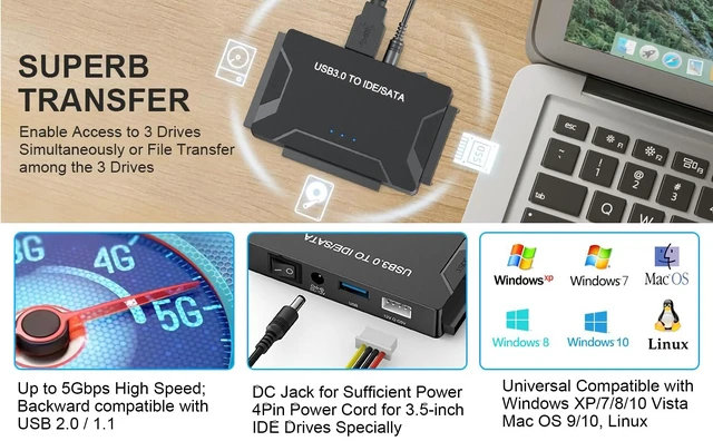 Alt view image 4 of 7 - Vszerda USB 3.0 to SATA/IDE Adapter, Universal Hard Drive Reader Converter for 2.5/3.5" HDD/SSD & 5.25" CD/DVD, Data Transfer & Recovery with 12V Power Supply, Supports Drives up to 6TB