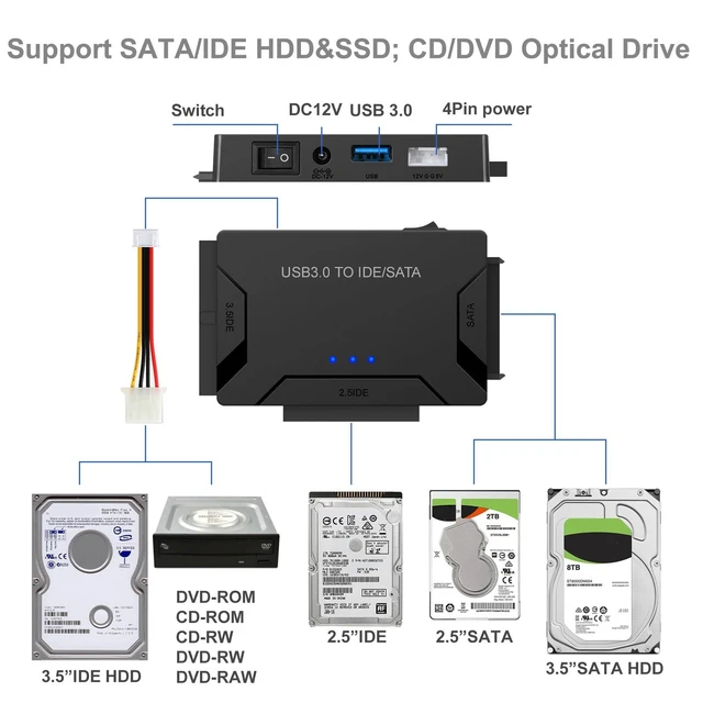 Alt view image 5 of 7 - Vszerda USB 3.0 to SATA/IDE Adapter, Universal Hard Drive Reader Converter for 2.5/3.5" HDD/SSD & 5.25" CD/DVD, Data Transfer & Recovery with 12V Power Supply, Supports Drives up to 6TB