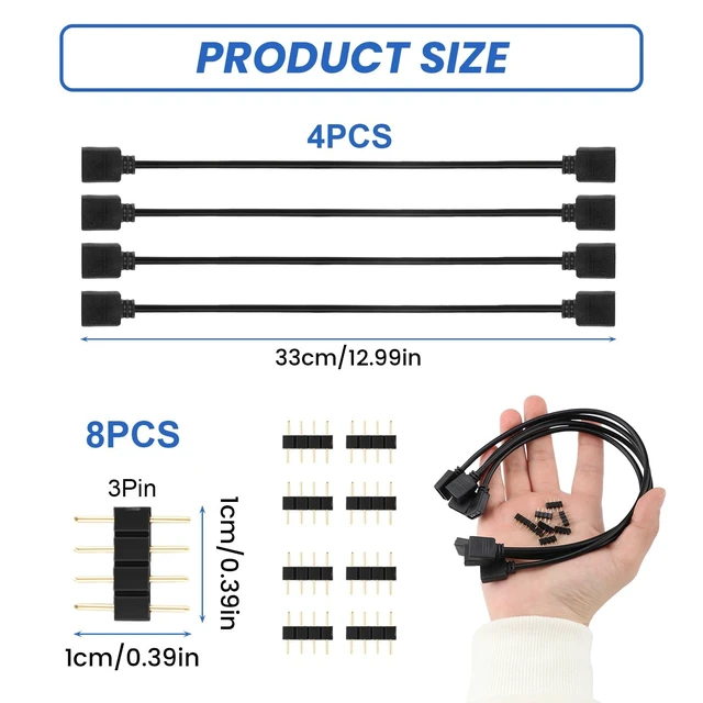 Alt view image 2 of 7 - Vszerda 4 Pcs 12V 4-Pin ARGB Extension Cable, ARGB 1-to-1 Female to Female Cable Extension PC for Computer Case Fans and Addressable LED Strips, RGB Splitter Cord (Extension Cable)