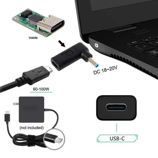 Alt view image 6 of 6 - WRIARICH USB 3.1 Type-C to DC 4.5x3.0mm Adapter, 90 Degree Angled PD Emulator Trigger for HP Dell Laptop Charging