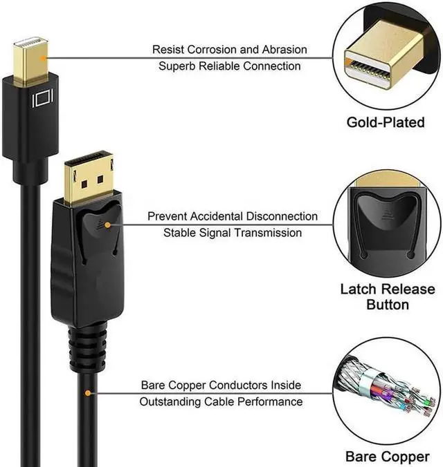 Alt view image 4 of 7 - WRIARICH 6FT Mini DisplayPort to DisplayPort Cable, Thunderbolt Compatible Mini DP Male to DP Male Cord, Gold-Plated, Supports 4K@60Hz 2K@144Hz, Black for MacBook Surface Gaming Monitor PC