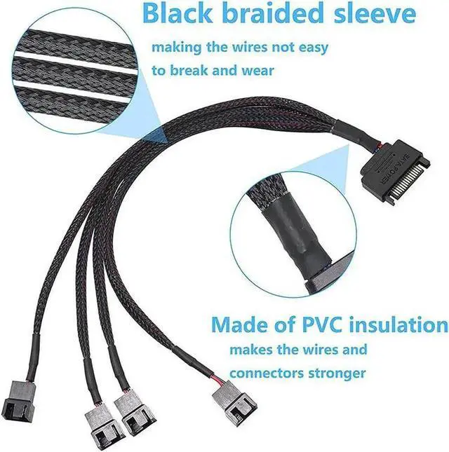 Alt view image 2 of 5 - WRIARICH ATA to 3 Pin 4 Pin Fan Sleeved Power Splitter Cable Adapter,15Pin SATA to 4 x TX3 / TX4 (PWM) 12V PC Case Fan Cooler Y Splitter Power Extension Cord - 10 Inch,Black