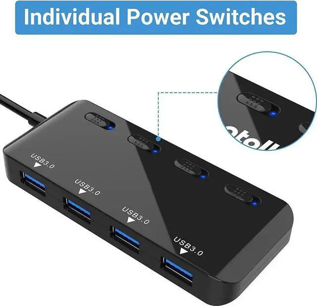 Alt view image 3 of 7 - WRIARICH 4-Port USB 3.0 Hub with Independent LED Power Switches, Ultra Slim USB Splitter Extension Dock, Compatible with PC, MacBook, iMac, Surface Pro, USB Flash Drives and More