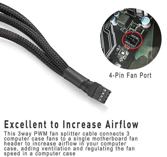 Alt view image 6 of 7 - WRIARICH 3 Pack 10 Inch 4 Pin 3-Way PWM Fan Splitter Cable, Black for 3/4 Pin PC Cooling Fans