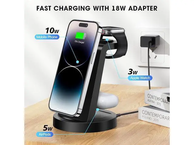 Alt view image 4 of 4 - WRIARICH 3 in 1 Charging Station for iPhone, Wireless Charger for iPhone 15 14 13 12 11 X Pro Max & Apple Watch - Wireless Charging Station for 3 2