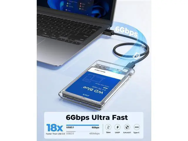 Alt view image 2 of 7 - WRIARICH 2.5 inch Hard Drive Enclosure SATA to USB C 3.1 Gen1 5Gbps External Hard Drive Case for 7/9.5mm HDD/SSD Support UASP Up to 6TB -2139C3-CR
