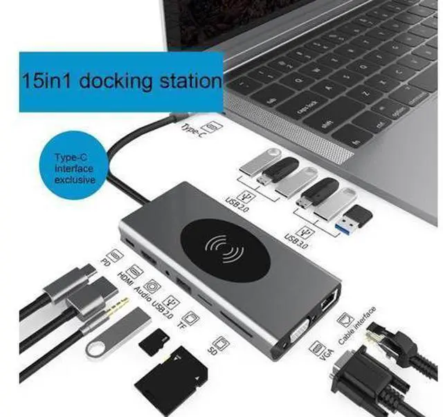 Main image of WRIARICH 15 in 1 USB HUB Multi Function USB Type-C Adapter Docking Station With Wireless Charging HDMI USB Ports USB-C Dock Compatible