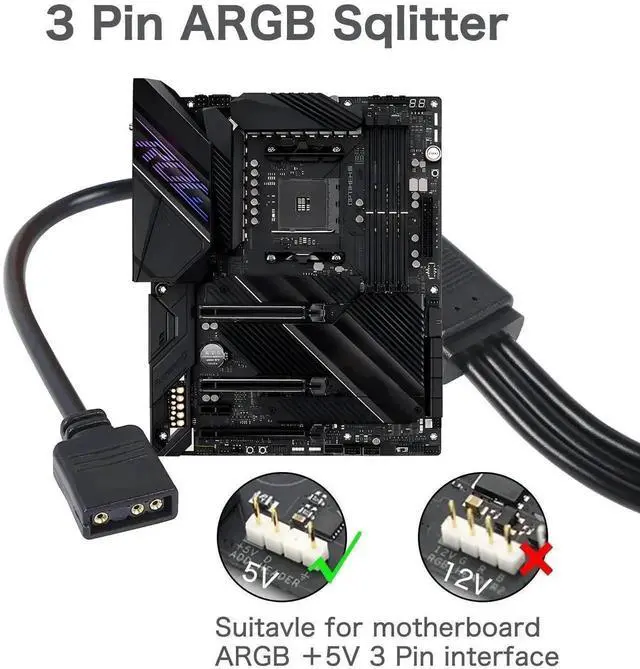Alt view image 4 of 6 - WRIARICH 5V 3Pin ARGB 1 to 3 Splitter Cable, Addressable RGB Extension Cord for PC Chassis CPU Cooler ARGB Fans