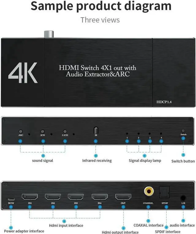 Alt view image 5 of 6 - 4 in 1 Out HDMI 2.0 Switch with Audio Extractor & IR Remote, Model OZQ7, 4K@60Hz HDMI Selector Support Optical Toslink, Coaxial & 3.5mm AUX Audio, ARC, 3D, 1080P@120Hz HDCP2.2 for PS4, PC, DVD Player,