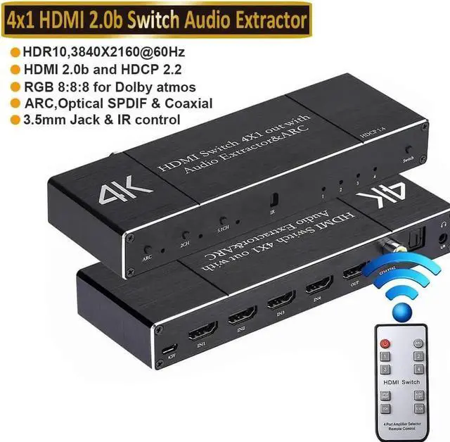Main image of 4 in 1 Out HDMI 2.0 Switch with Audio Extractor & IR Remote, Model OZQ7, 4K@60Hz HDMI Selector Support Optical Toslink, Coaxial & 3.5mm AUX Audio, ARC, 3D, 1080P@120Hz HDCP2.2 for PS4, PC, DVD Player,