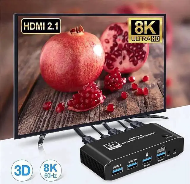 Alt view image 2 of 7 - WRIARICH 2023 Top 2-Port HDMI 2.1 KVM Switch 2X1, 8K@60Hz & 4K@120Hz, 2 PCs Share 1 Monitor, USB KVM Selector