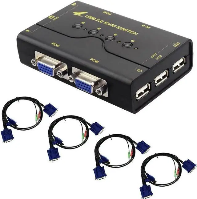 Main image of WRIARICH 4-Port VGA KVM Switch with USB Hub & Audio, Supports Wireless Keyboard & Mouse, Push Button Switch Control