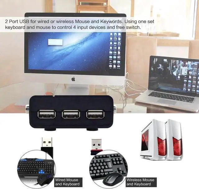 Alt view image 2 of 6 - WRIARICH 4-Port VGA KVM Switch with USB Hub & Audio, Supports Wireless Keyboard & Mouse, Push Button Switch Control