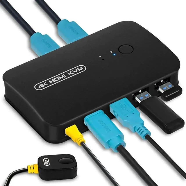 Main image of WRIARICH 2-Port HDMI KVM Switch, 2 PCs Share One 4K Monitor, Keyboard, Mouse & Printer, With Wired Controller & 2 KVM Cables