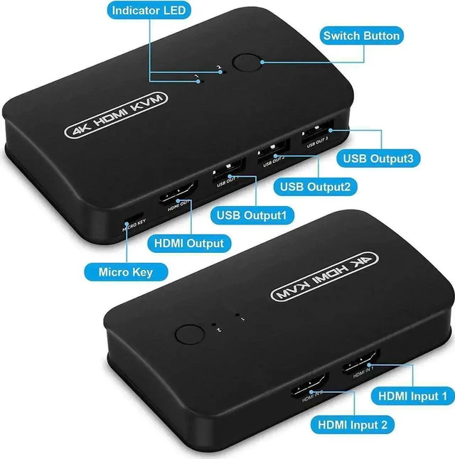 Alt view image 5 of 7 - WRIARICH 2-Port HDMI KVM Switch, 2 PCs Share One 4K Monitor, Keyboard, Mouse & Printer, With Wired Controller & 2 KVM Cables