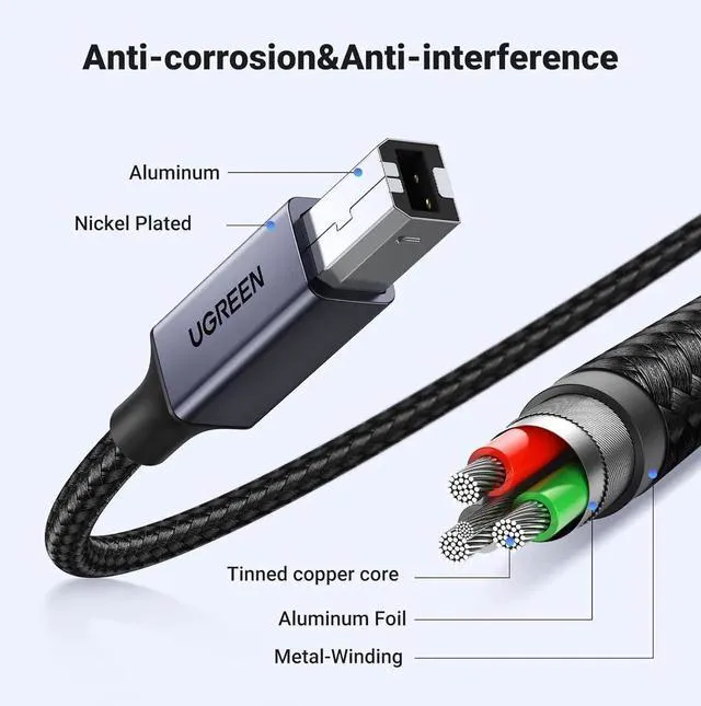 Alt view image 3 of 7 - WRIARICH 6.6FT UGREEN USB B to USB C Printer Cable, Nylon Braided Cord, Multi-use for MacBook Pro/Air, Yamaha Piano, Keyboard, DAC, DJ Controller and iPad