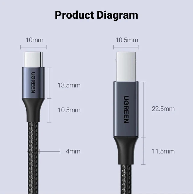 Alt view image 4 of 7 - WRIARICH 6.6FT UGREEN USB B to USB C Printer Cable, Nylon Braided Cord, Multi-use for MacBook Pro/Air, Yamaha Piano, Keyboard, DAC, DJ Controller and iPad